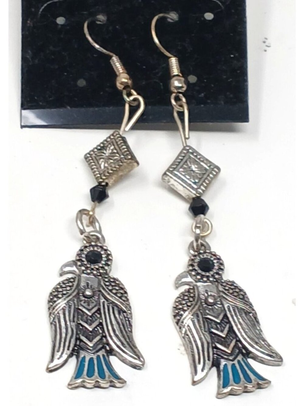 VTG Bird Dangle Earrings 2.75" Silvertone Black Blue Enamel Boho #J-6